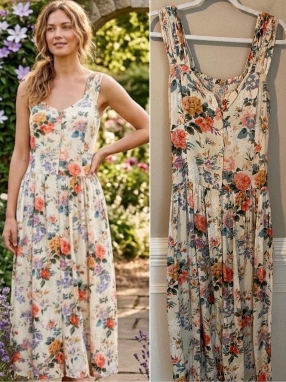 Boutique Europa Vintage 90s Floral Midi Dress Cream Size 4 Cottagecore Romantic